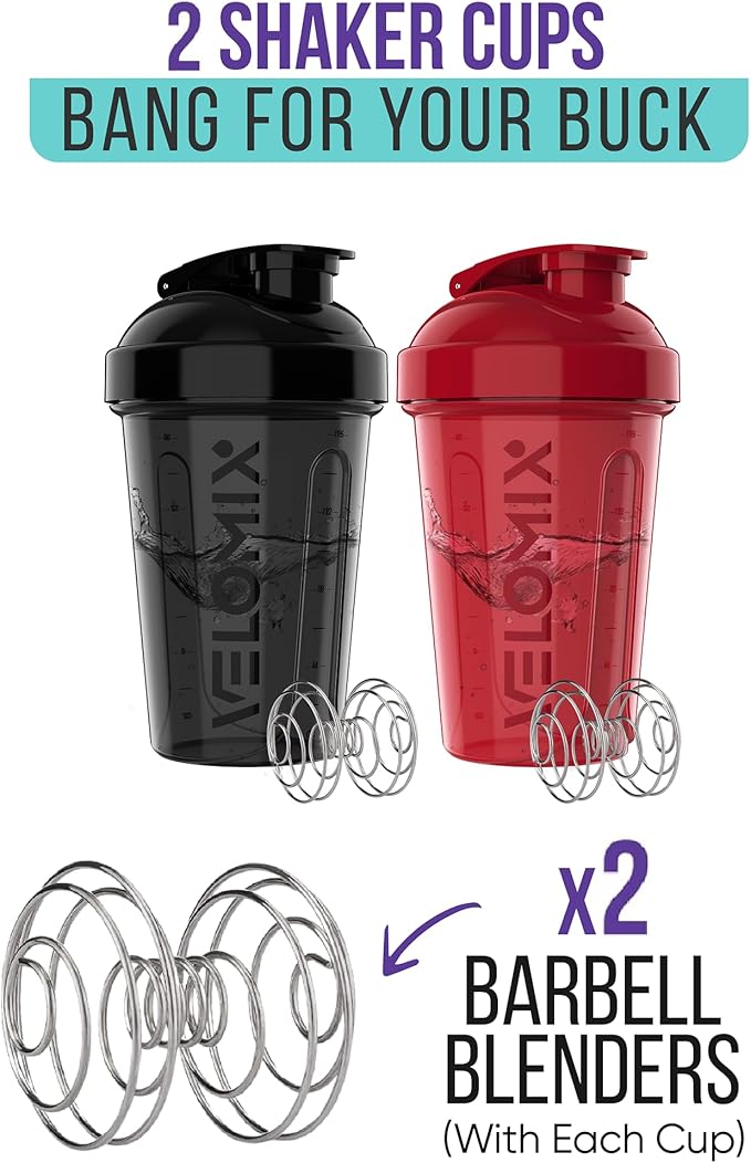 VELOMIX -2 Pack- 20 oz Protein Shaker Bottles for Protein Mixes - 2x Wire Whisk | Leak Proof Shaker Cups for Protein Shakes and Pre Workout | Protein Shaker Bottle Pack (Black/Red)