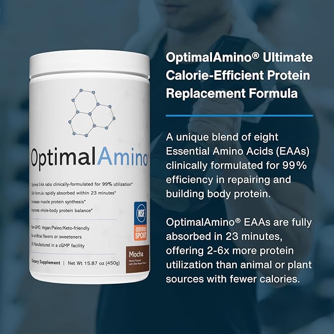 OptimalAmino Amino Acid Powder | 99% Utilized Essential Amino Acid (EAA) Supplement | Pre/Post Workout & Muscle Recovery | NSF for Sport Certified | Mocha Flavor