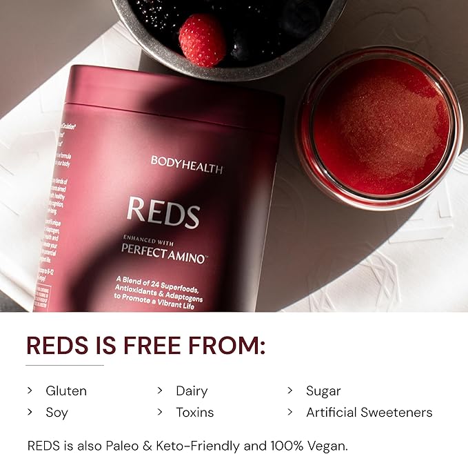 BodyHealth Reds Enhanced with PerfectAmino - Daily Superfood Smoothie Powder with Antioxidants, Adaptogens, Phytonutrients, Fruit, Prebiotics, Probiotics, Fiber, and Protein - 30 Servings