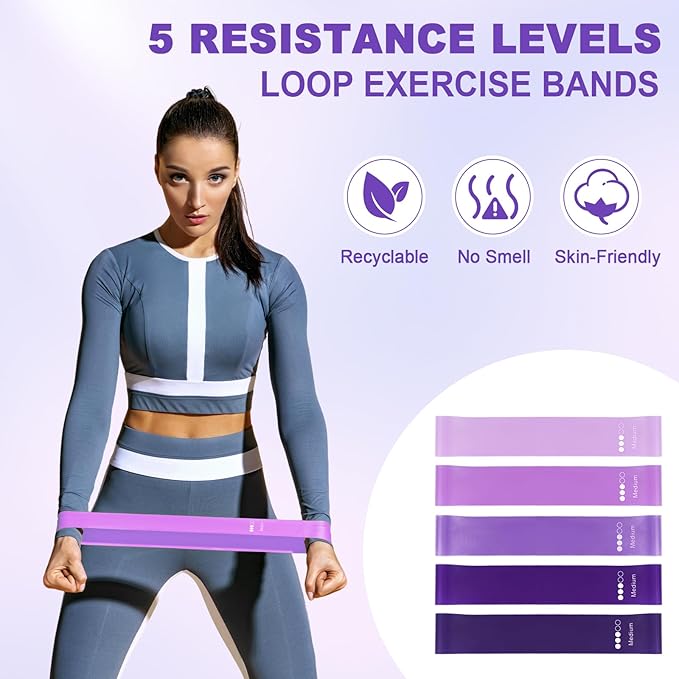 Poen 10 Pcs Home Pilates Kit for Women Include 12" Pilates Ring 10" Yoga Exercise Ball 5 Resistance Bands Dumbbells Elastic Band and Drawstring Backpack Set for Legs Arms Thighs