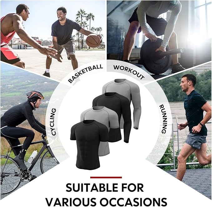 CL convallaria 4 Pack Compression Shirts Men Long Short Sleeve Cooling Dry Rash Guard Athletic Workout T Shirt for Sports