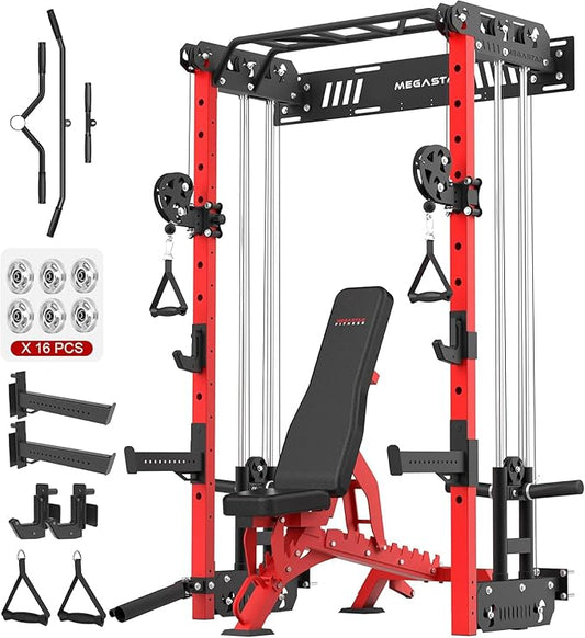 Wall Mounted Power Rack – 1600LB Capacity Compact Commercial Home Gym with Dual Cable Crossover, LAT Pulldown, Multi-Grip Pull-Up Bar & Landmine Attachment for Small Spaces, P67 Striker Red