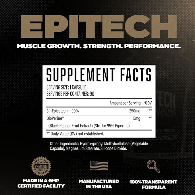 Epitech® Epicatechin Supplement – Natural Myostatin Inhibitor for Muscle Growth, Optimally Dosed, Added BioPerine® for Maximum Absorption, Boosts Endurance, Nitric Oxide & Recovery – 90 Servings