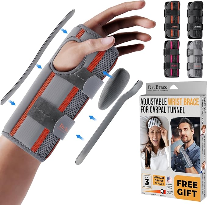 DR. BRACE Adjustable Wrist Brace Night Support for Carpal Tunnel, Doctor Developed, Upgraded with Double Splint & Therapeutic Cushion,Hand Brace for Pain Relief,Injuries,Sprains (L/XL Right Hand, Grey-Orange)