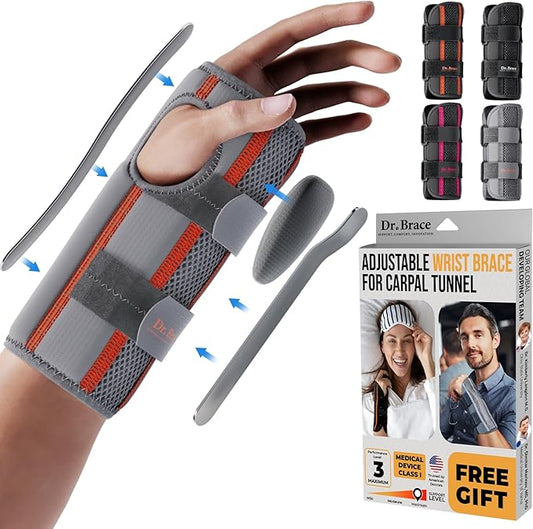 DR. BRACE Adjustable Wrist Brace Night Support for Carpal Tunnel, Doctor Developed, Upgraded with Double Splint & Therapeutic Cushion,Hand Brace for Pain Relief,Injuries,Sprains (L/XL Right Hand, Grey-Orange)