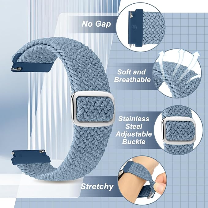 2 Pack Quick Release Braided Bands - 18mm 19mm 20mm 22mm 24mm Solo Loop Adjustable Soft Band for Women Men