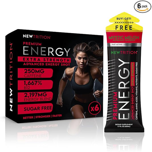 NewTrition® Extra Strength Energy Shots, 250mg Caffeine Energy Shots with Vitamin B & Amino Acids, Sugar-Free Vitamin Energy Shot, 1.7 fl oz (Pack of 6, Mystic Melon)