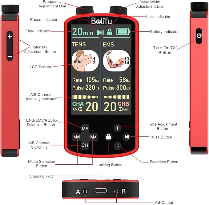 TENS EMS Unit Muscle Stimulator for Pain Relief Therapy - 4 in 1 TENS & EMS & Relax & Custom Frequency + Pulse - Muscle Massager 36 Modes 20 Intensity, Memory & Favorites Function with 600mAh Battery