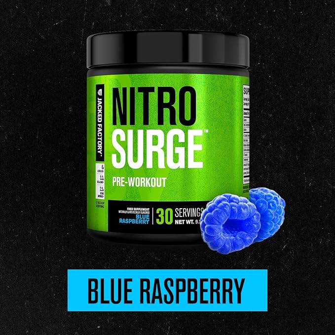 Jacked Factory NITROSURGE Pre Workout Supplement - Energy Booster, Instant Strength Gains, Clear Focus & Intense Pumps - NO Booster & Powerful Preworkout Energy Powder - 30 Servings, Blue Raspberry
