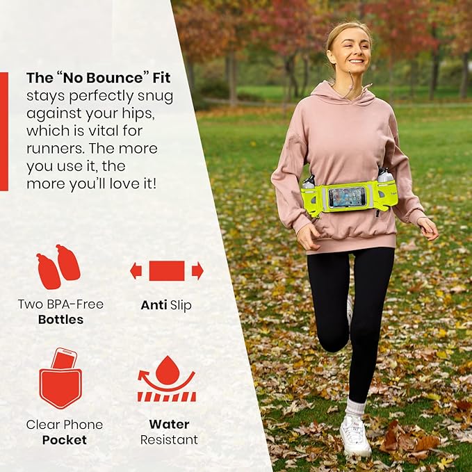 No.1 Hydration Belt by Runtasty - Premium Running Fuel Belt w/2 BPA-Free 10 oz Water Bottles, Tilt-Up Pocket w/Touchscreen-Ready Cover - Fits All iPhones, Runners Ebook & No-Bounce Design