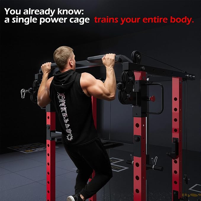 Power Squat Rack Cage Home Gym, 2000lbs All in One Dual Cable Crossover Machine with LAT Pulldown Strength Training Power Cages with Pulley Workout System, Garage Bench Press