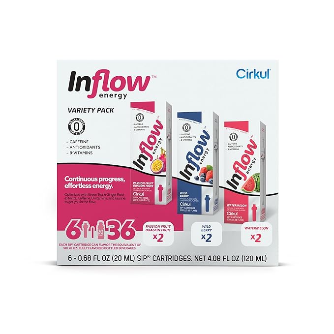 Cirkul Inflow Energy Caffeine Flavor Water Variety Pack, Makes 36 Drinks, No Sugar, Zero Calorie Drink Mix, (2 Passion Fruit Dragon Fruit, 2 Wild Berry, 2 Watermelon)