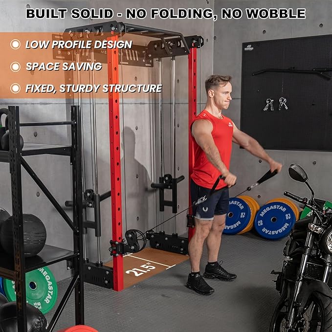 Wall Mounted Power Rack – 1600LB Capacity Compact Commercial Home Gym with Dual Cable Crossover, LAT Pulldown, Multi-Grip Pull-Up Bar & Landmine Attachment for Small Spaces, P67 Striker Red
