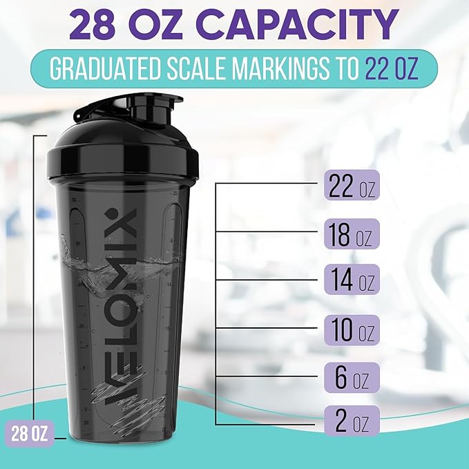 VELOMIX -4 PACK- 28 oz Protein Shaker Bottle for Protein Mixes - 4x Wire Whisk | Leak Proof Shaker Cups for Protein Shakes | Protein Shaker Bottle Pack | Protein Shake Cup(All in Black)