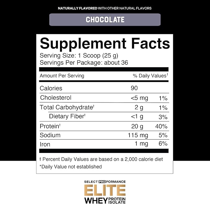 Silver Star Nutrition Select Proformance Elite Whey Protein Isolate Powder, Chocolate, NSF Certified, No Added Sugar, 20g of Protein per Serving, 36 Servings, 2 Lbs