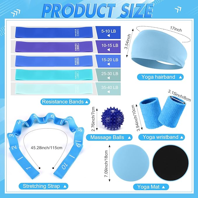 Poen 18 Pcs Pilates Ring Kit Home Pilates Ring Circle and Ball Set for Women Yoga Fitness Set with 5 Resistance Band Stretching Strap Non Slip Sock Ball Core Slider Wristband Headband Gym Bag