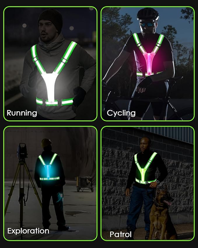 Zacro LED Reflective Vest Running Gear, 5 Lights Colors High Visibility Reflective Running Gear Rechargeable Light Up Running Vest for Walking Running Cycling, Adjustable for Men Women Kids