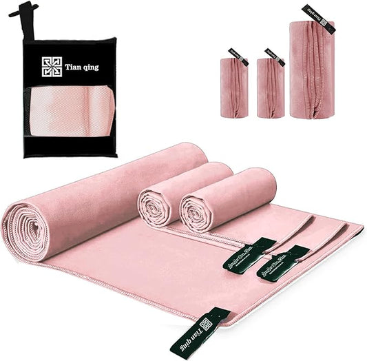 Tian qing Microfiber Towel Set, 3 Piece, Fast Drying, Soft Touch, Lightweight, Multiple Sizes for Beach, Camping, Gym, Hiking, Pool, Yoga,Travel (Light Pink, Large)