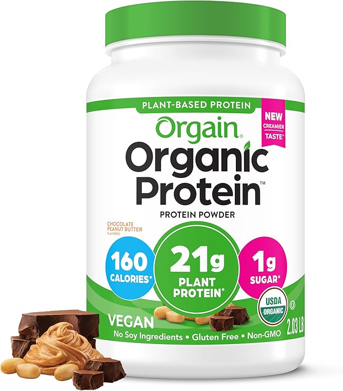 Orgain Organic Vegan Protein Powder, Chocolate Peanut Butter - 21g Plant Protein, 6g Prebiotic Fiber, Low Net Carb, No Lactose Ingredients, No Added Sugar, Non-GMO, For Shakes & Smoothies, 2.03 lb