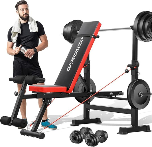 OPPSDECOR 6 in 1 660lbs Weight Bench with Leg Extension and Leg Curl, Foldable Bench Press Set and Squat Barbell Rack with Preacher Curl, Adjustable Workout Bench for Home Gym Strength Training PXZXYX1