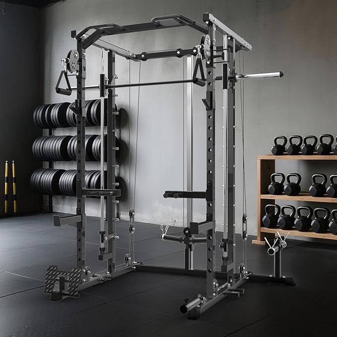 GarveeLife Power Cage, Smith Machine Squat Rack, Heavy Duty Power Rack for Home Gym with Pulley System, Dip Bar, LAT Pulldown, Multifunctional Squat Rack for Home Gym