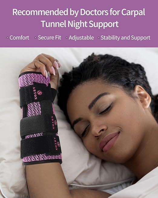 ABYON Carpal Tunnel Wrist Brace Night Support – Wrist Splint for Pain Relief, Tendonitis, Arthritis, Sprains – Lightweight, Breathable Padded Hand Brace for Men & Women, Left Hand (Small,Black/Pink)