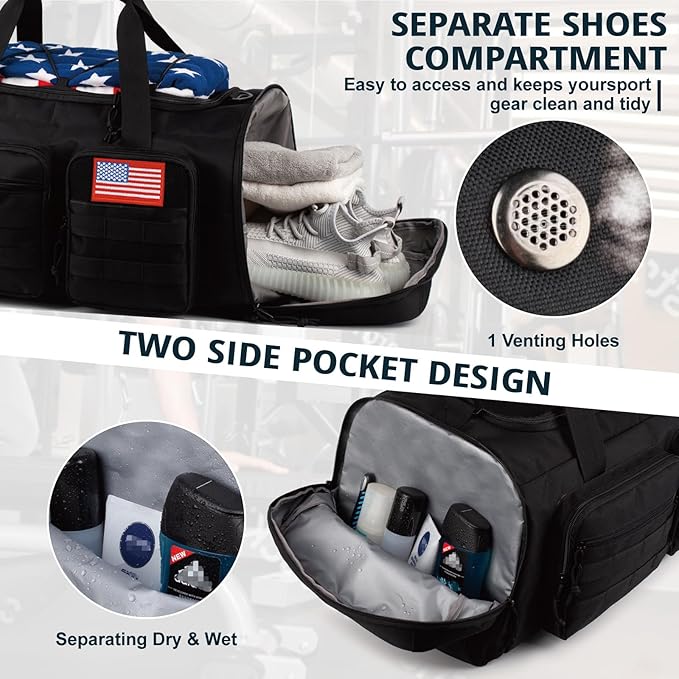 Tactical Gym Bag for Men,70L Large 3 in 1 Sports Duffle Bag with Shoes Compartment for Travel,Water Resistant Travel Backpack Weekender Overnight Bag with Wet Pocket for Women