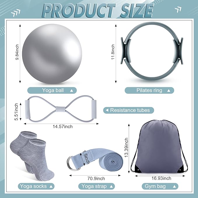 Poen 18 Pcs Pilates Ring Kit Home Pilates Ring Circle and Ball Set for Women Yoga Fitness Set with 5 Resistance Band Stretching Strap Non Slip Sock Ball Core Slider Wristband Headband Gym Bag