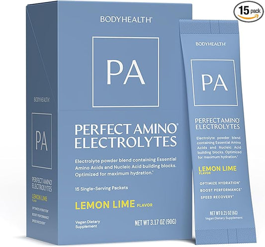 BodyHealth PerfectAmino Electrolyte Drink Mix – Lemon Lime – No Sugar, Keto & Fasting Friendly, Hydration with Trace Minerals – Stick Packs