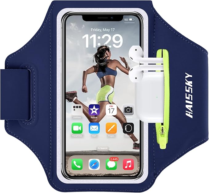 HAISSKY Cell Phone Running Armband with Earbuds Zipper Pocket Armband Case Running Holder for iPhone 15 Pro Max /14/13/ 12/11 Pro Max/XS/XR,Galaxy S20 S10,Sweatproof Arm Band with Card/Key Bag
