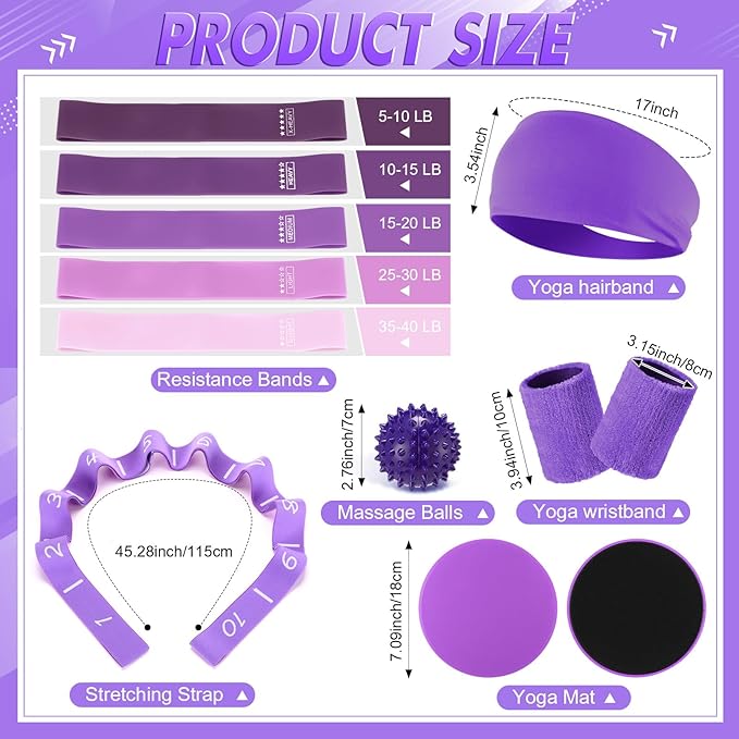 Poen 18 Pcs Pilates Ring Kit Home Pilates Ring Circle and Ball Set for Women Yoga Fitness Set with 5 Resistance Band Stretching Strap Non Slip Sock Ball Core Slider Wristband Headband Gym Bag