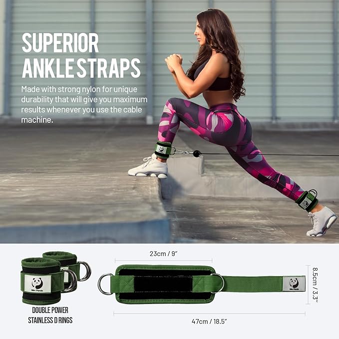Slim Panda Ankle Strap for Cable Machine,Ankle Cuff for Kickbacks, Booty Hip Abductors,Glute Workouts, Leg Extensions, Curls for Men and Women, Adjustable with Double D-Rings