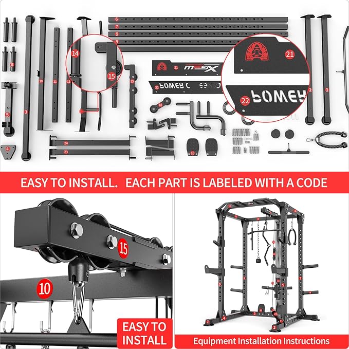 Power Cage Multi-Function Power Rack with Cable Crossover System,1800 LBS Capacity Squat Rack with Weight Bench,for Home Gym