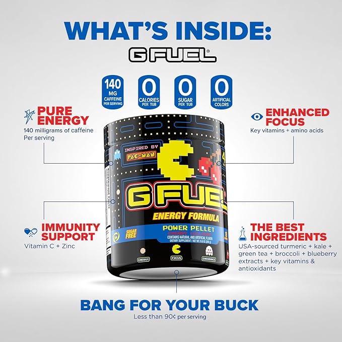 G Fuel Pac-Man Energy Drink Powder, Pre Workout Caffeine Mix for Gaming, Sugar Free Focus Amino, Vitamin + Antioxidants, 9.8oz (Cherry Lollipop, 40 Servings)