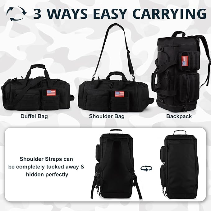 Tactical Gym Bag for Men,70L Large 3 in 1 Sports Duffle Bag with Shoes Compartment for Travel,Water Resistant Travel Backpack Weekender Overnight Bag with Wet Pocket for Women