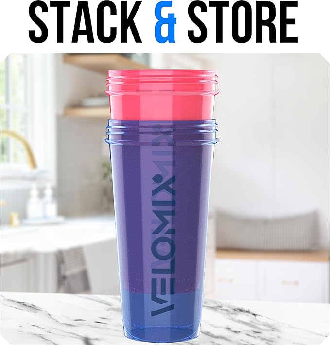 VELOMIX -2 Pack- 28 oz Protein Shaker Bottles for Protein Mixes - 2x Wire Whisk | Leak Proof Shaker Cups for Protein Shakes | Protein Shaker Bottle Pack | Shakers for Protein Shakes-Blue&Pink