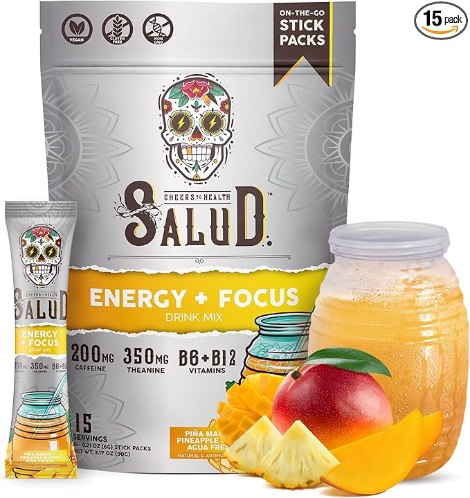 Salud 2-in-1 Energy Drink Powder + Focus, Pineapple Mango, Organic Caffeine, B6 + B12, Theanine, Clean Energy Drink Packets, Agua Fresca Mix, Non-GMO, Gluten Free, Vegan, 1g of Sugar, (15 Servings)