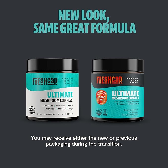 FreshCap Mushrooms Ultimate Mushroom Supplement Powder 12,000mg - Nootropic Organic Mushroom Complex for Focus & Memory, Brain Support Supplement, Ayurveda Mushroom Powder Extract (60 Servings)