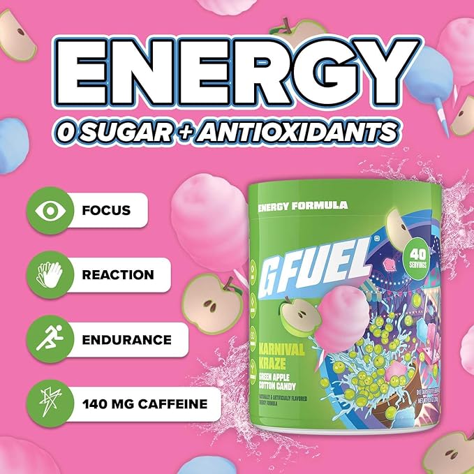G Fuel Karnival Kraze Energy Drink Powder, Pre Workout Caffeine Mix for Gaming, Sugar Free Focus Amino, Vitamin + Antioxidants, 9.9oz (Green Apple Cotton Candy, 40 Servings)
