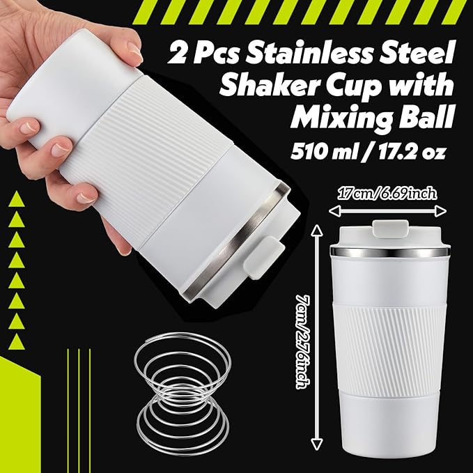 Maxdot 2 Pcs Stainless Steel Shaker Cup with Mixing Ball 17 oz Insulated Metal Blender Tumbler Water Bottle for Protein Mixes Gym Workout Coffee Drink (White)