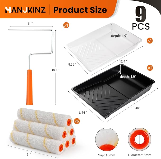9 Pcs 6 Inch Small Paint Roller Kit with Microfiber Paint Roller Covers, Paint Tray with Liner, Mini Paint Roller for Painting Wall, Door, Cabinet
