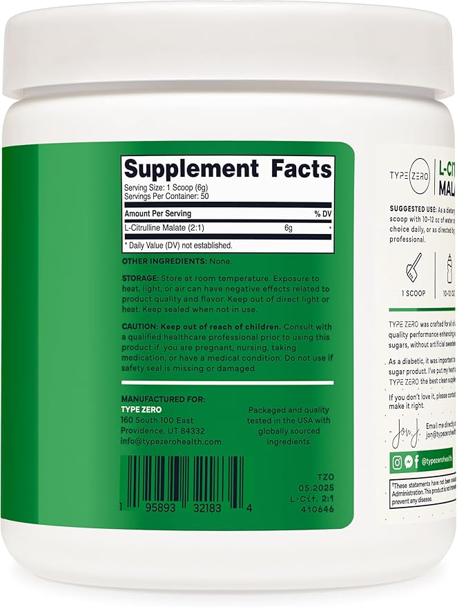 Type Zero L-Citrulline Malate Powder 2:1 6X (300g | 6000mg Per Serving | Unflavored) Ultra Clean L Citrulline, Nitric Oxide Booster, Pre Workout - Nitrous Oxide Vasodilator Supplement