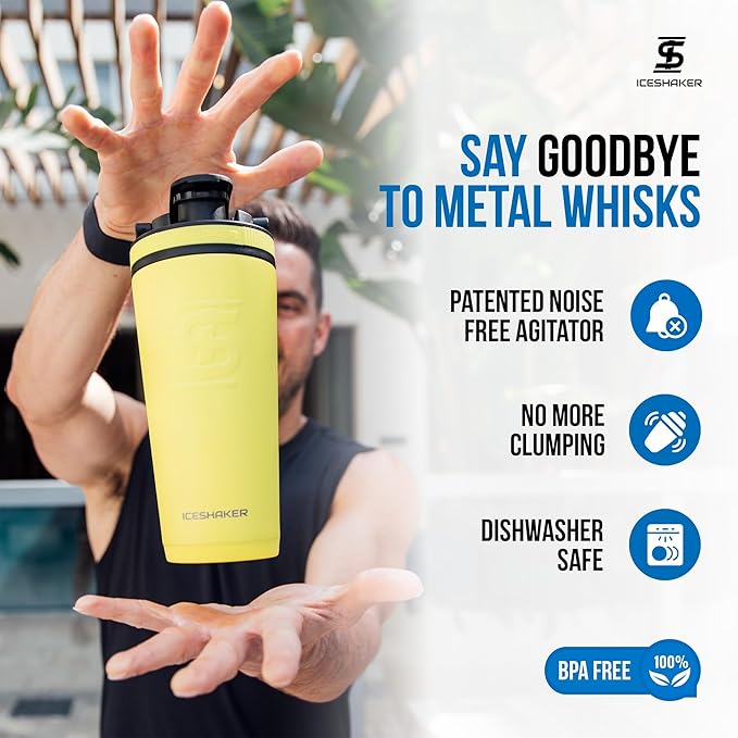 Ice Shaker Insulated Stainless Steel Shaker Bottle | 26oz, Yellow | Cold for 30+ Hours | Insulated Cup with Twist-on Agitator | Odor-Free Bottle for Protein Shakes, Water, Smoothies, Cocktails