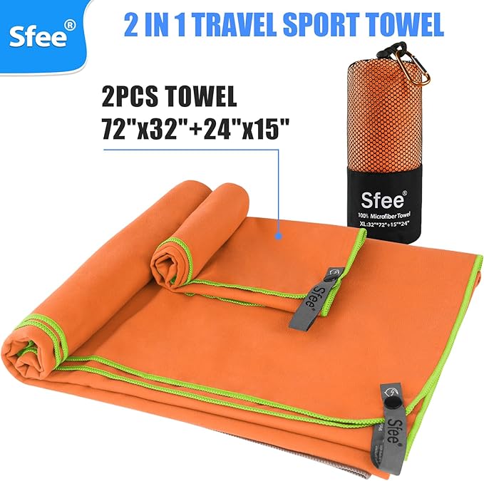 Sfee 2 Pack Camping Towel, Quick Dry Towel Super Absorbent Travel Microfiber Towels, Fast Drying Compact Soft Lightweight Sports Towel Set for Beach, Hiking, Travel, Gym, Backpacking, Pool +Carabiner