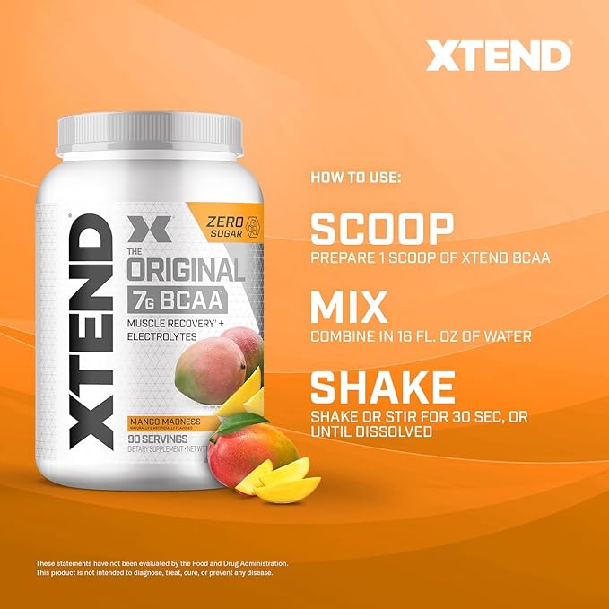 XTEND Original BCAA Powder Mango Madness | Sugar Free Post Workout Muscle Recovery Drink with Amino Acids | 7g BCAAs for Men & Women | 90 Servings