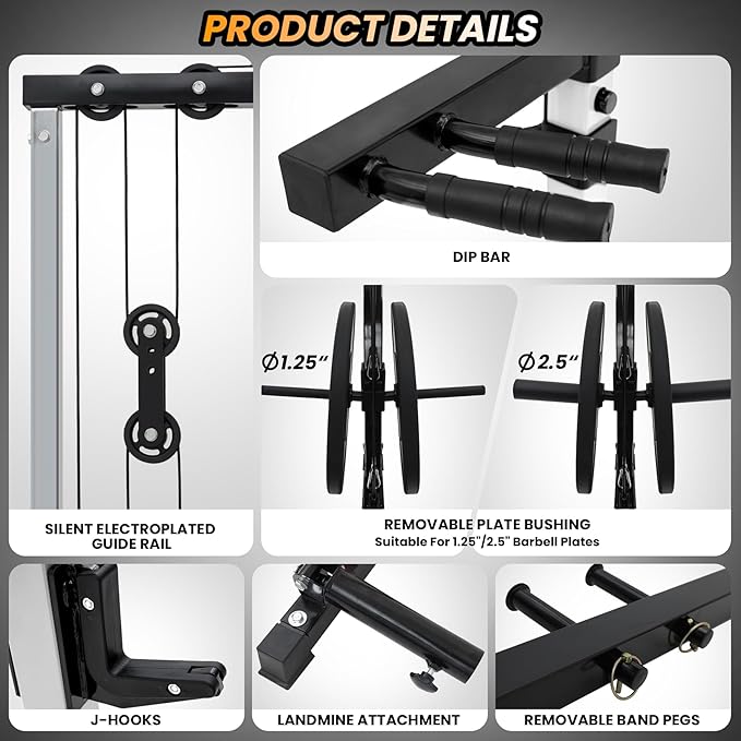 Power Cage with LAT Pulldown Machine - Squat Rack for Home Gym, Multi-Functional Weight Cage with Cable Pulley System, Dip Bars & Landmine Attachment