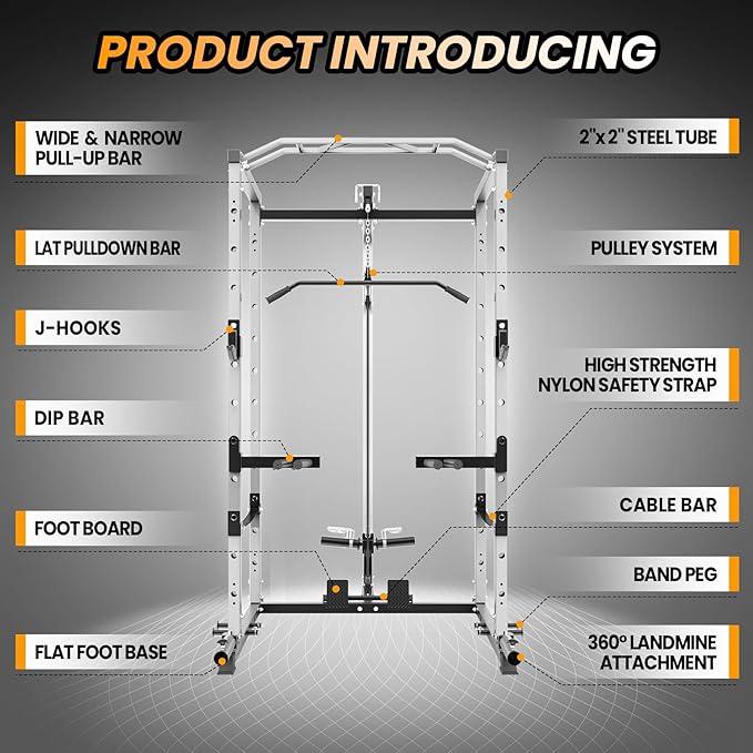 Power Cage with LAT Pulldown Machine - Squat Rack for Home Gym, Multi-Functional Weight Cage with Cable Pulley System, Dip Bars & Landmine Attachment