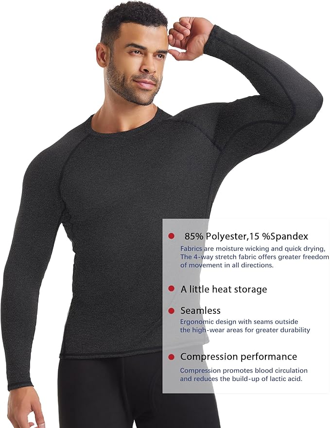 3 Pack Men's Thermal Underwear Shirts Compression Fleece Lined Long Sleeve Athletic Base Layer Cold Weather