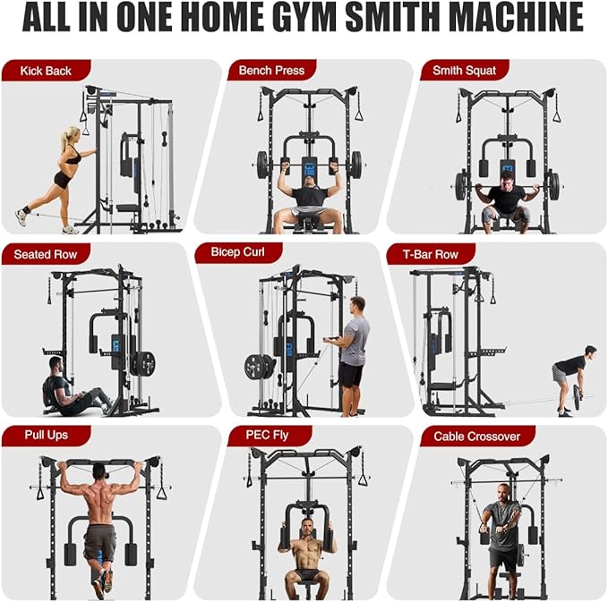 FAGUS Smith Machine Home Gym Power Cage with Pulley System, Space Saving Design Squat Rack with Full Body Strength Training Attachments, PEC Station & Fixed Cable Crossover Optional