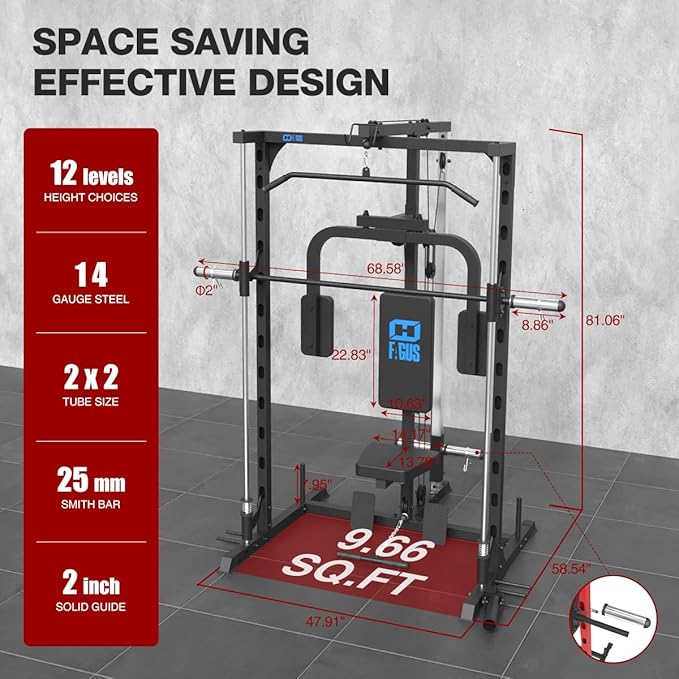 FAGUS Smith Machine Home Gym Power Cage with Pulley System, Space Saving Design Squat Rack with Full Body Strength Training Attachments, PEC Station & Fixed Cable Crossover Optional